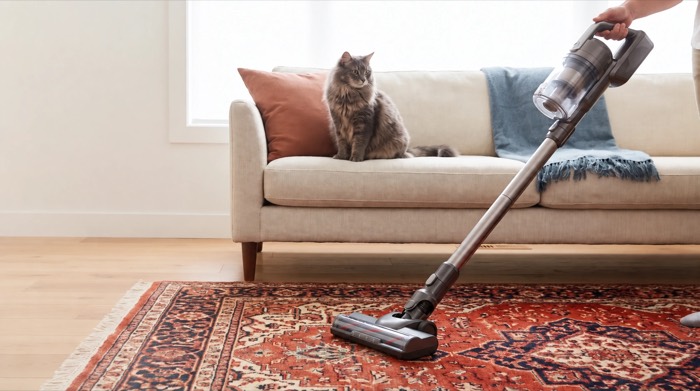 A long-haired grey cat on a cream sofa while a person vacuums a patterned rug.