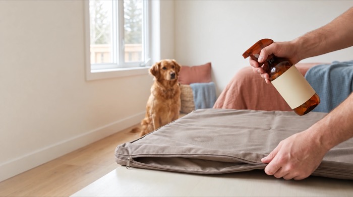 A person holding a spray bottle over a cushion with a golden dog sitting behind.
