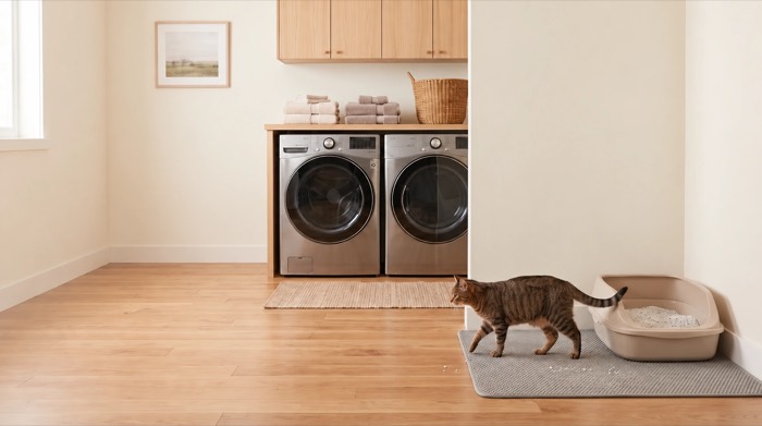 A tabby cat walking across a litter mat beside a litter box and laundry room.