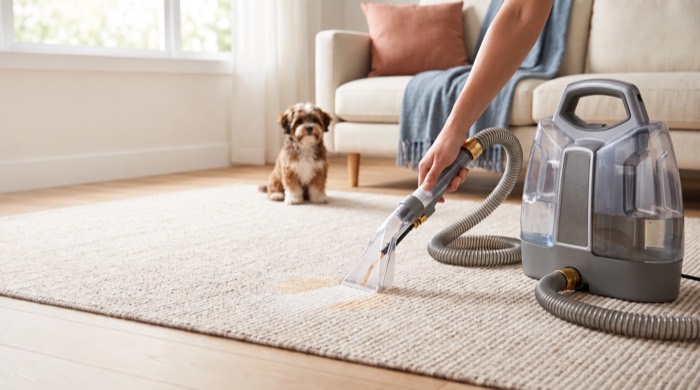 A person using a portable spot cleaner on a cream rug with a small dog beside the sofa.