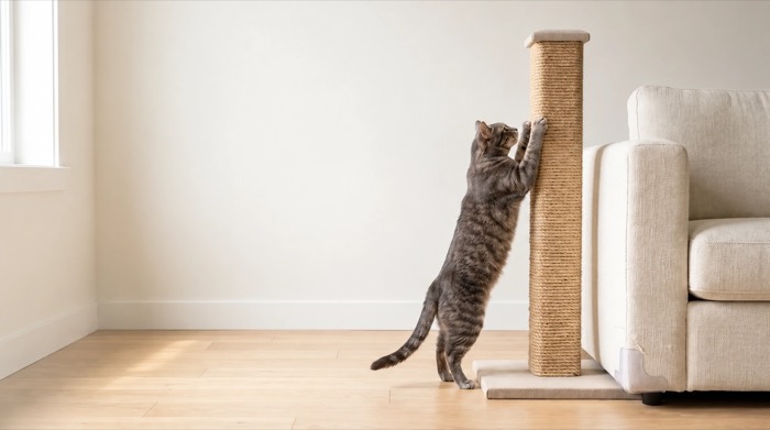 A tabby cat stretching against a tall sisal scratching post beside a cream sofa.