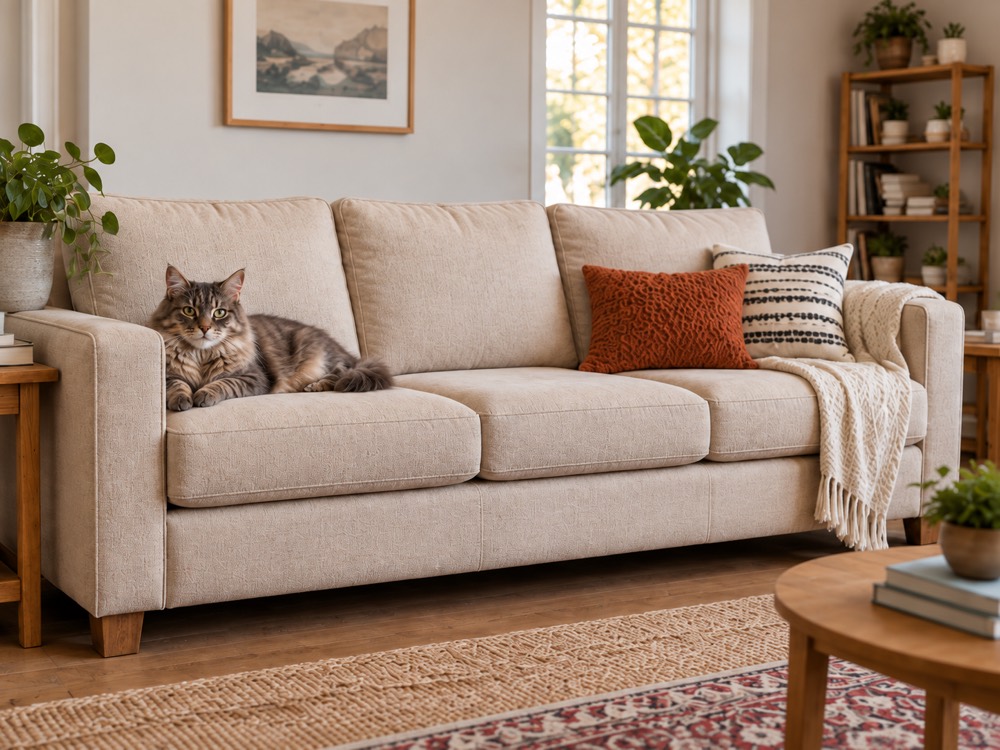 A long-haired grey cat relaxing on a cream sofa